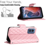 For Motorola Moto G Play 4G 2024 Rhombic Texture Flip Leather Phone Case with Lanyard(Pink)