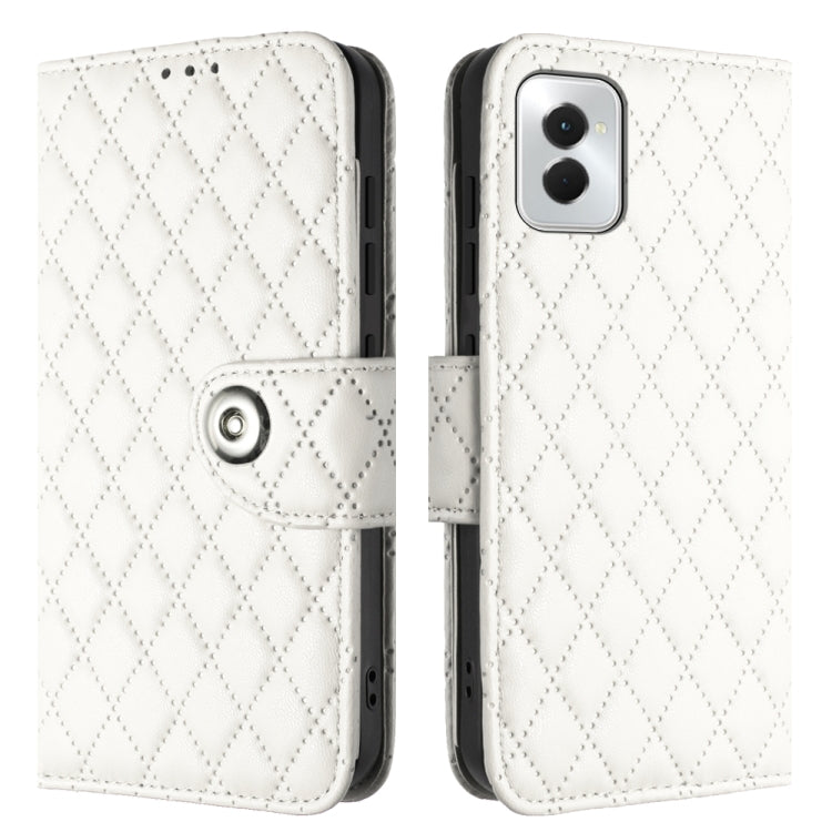 For Motorola Moto G Power 5G 2024 Rhombic Texture Flip Leather Phone Case with Lanyard(White)