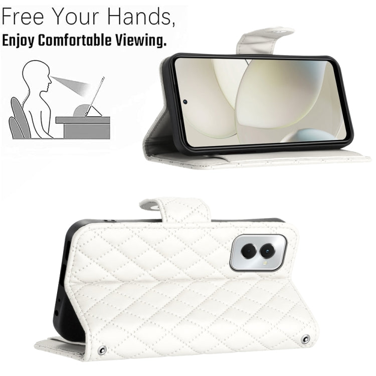 For Motorola Moto G Power 5G 2024 Rhombic Texture Flip Leather Phone Case with Lanyard(White)