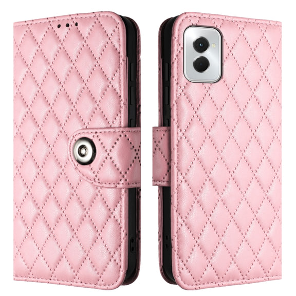 For Motorola Moto G Power 5G 2024 Rhombic Texture Flip Leather Phone Case with Lanyard(Pink)