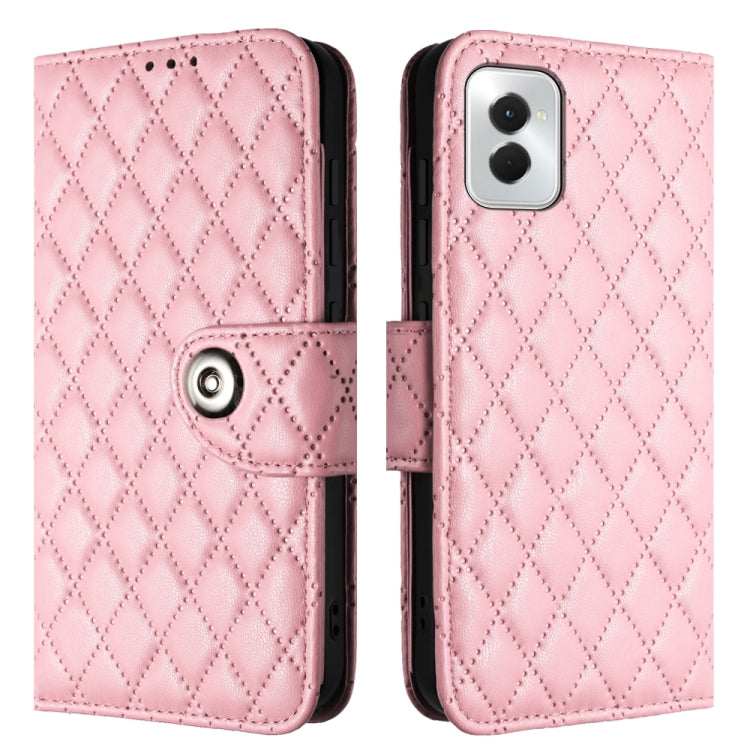 For Motorola Moto G Power 5G 2024 Rhombic Texture Flip Leather Phone Case with Lanyard(Pink)