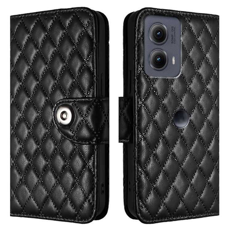 For Motorola Edge 2024 Rhombic Texture Flip Leather Phone Case with Lanyard(Black) - free shipping - PMC Jewellery - Order now!