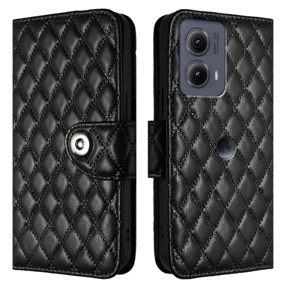 For Motorola Edge 2024 Rhombic Texture Flip Leather Phone Case with Lanyard(Black)