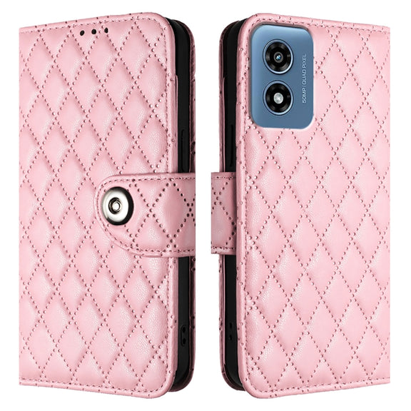 For Motorola Moto G Play 5G 2024 Rhombic Texture Flip Leather Phone Case with Lanyard(Pink)