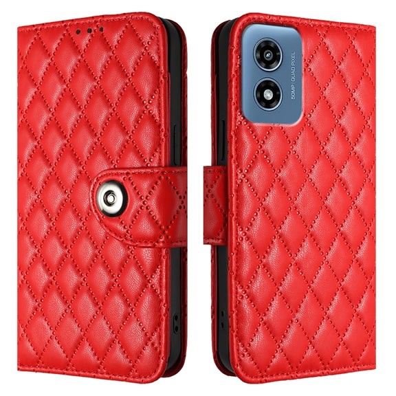 For Motorola Moto G 5G 2024 Global Rhombic Texture Flip Leather Phone Case with Lanyard(Red)