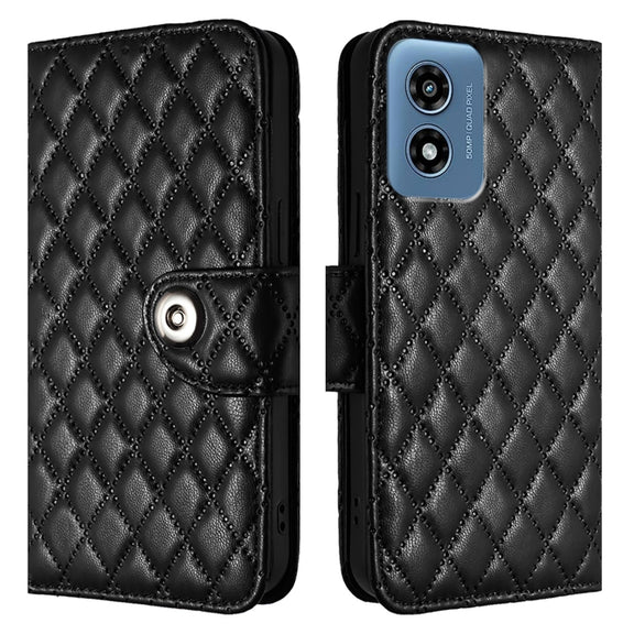 For Motorola Moto G 5G 2024 Global Rhombic Texture Flip Leather Phone Case with Lanyard(Black)