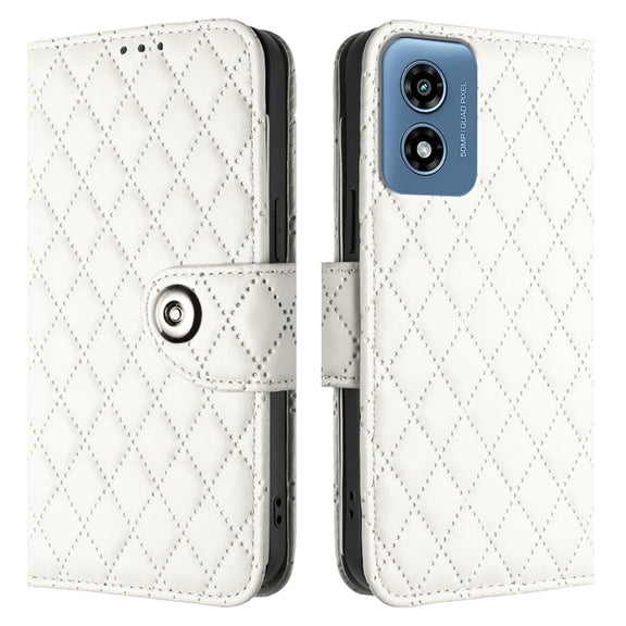 For Motorola Moto G 5G 2024 Global Rhombic Texture Flip Leather Phone Case with Lanyard(White)