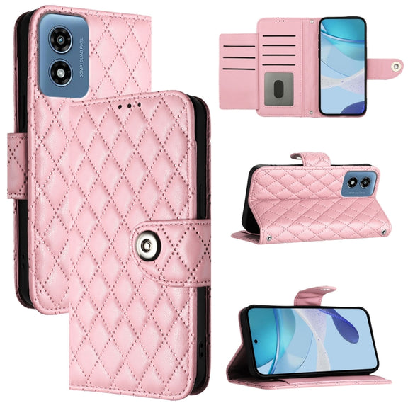 For Motorola Moto G 5G 2024 Global Rhombic Texture Flip Leather Phone Case with Lanyard(Pink)