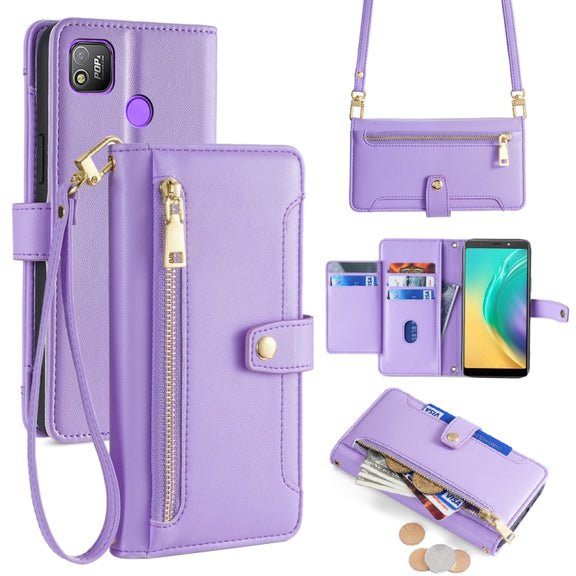For Tecno Pop 4 Sheep Texture Cross-body Zipper Wallet Leather Phone Case(Purple)