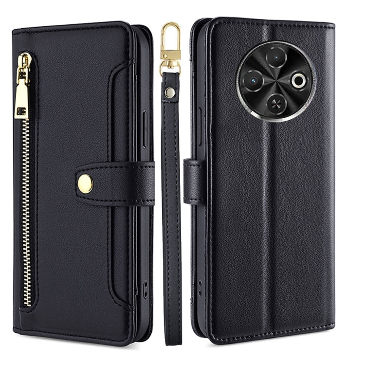 For Tecno Spark 30C 4G Sheep Texture Cross-body Zipper Wallet Leather Phone Case(Black) - Tecno Cases by PMC TechLife | Online Shopping South Africa | PMC TechLife | Buy Now Pay Later Mobicred