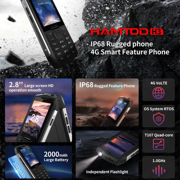 HAMTOD H3 Rugged Phone, EU Version, 2.8 inch T107 ARM CortexTM A7 Quad-core 1.0GHz, Network: 4G, VoLTE, BT, SOS(Black)