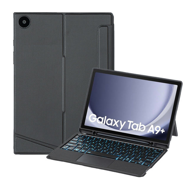 For Samsung Galaxy Tab A9+ X210 TA09B-AS Pen Tray Style Detachable Bluetooth Keyboard Leather Case with Touch Backlight(Black)
