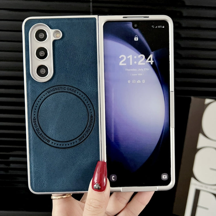 For Samsung Galaxy Z Fold5 Skin Feel Leather Texture MagSafe Pearlescent Paint Shockproof Phone Case(Blue) - Galaxy Z Fold5 Cases by PMC TechLife | Online Shopping South Africa | PMC TechLife