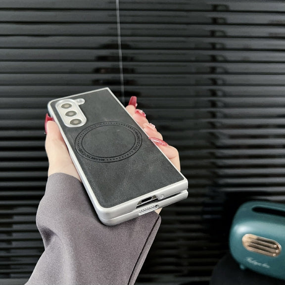 For Samsung Galaxy Z Fold5 Skin Feel Leather Texture MagSafe Pearlescent Paint Shockproof Phone Case(Brown)