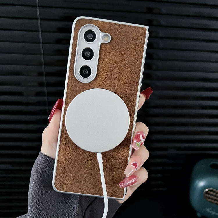 For Samsung Galaxy Z Fold5 Skin Feel Leather Texture MagSafe Pearlescent Paint Shockproof Phone Case(Brown)