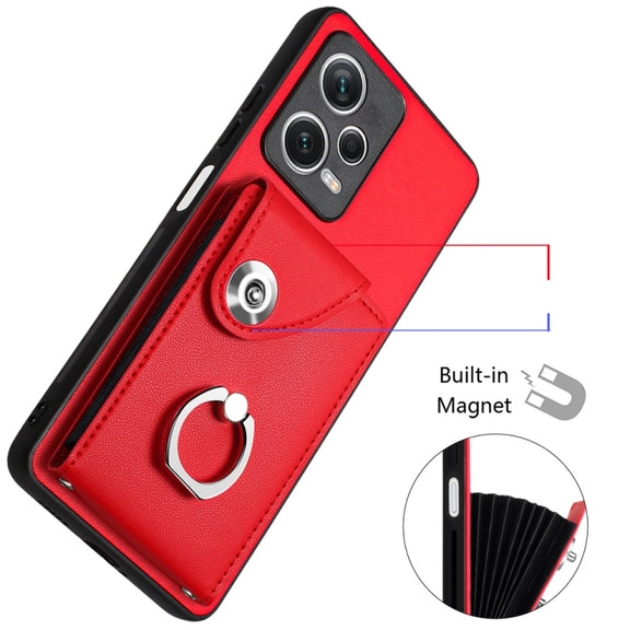 For Xiaomi Redmi Note 12 5G Global Organ Card Bag Ring Holder Phone Case with Long Lanyard(Red)