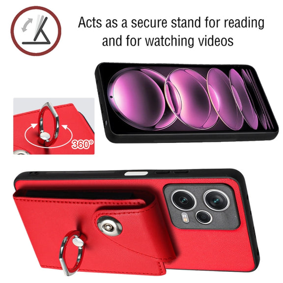 For Xiaomi Redmi Note 12 5G Global Organ Card Bag Ring Holder Phone Case with Long Lanyard(Red)