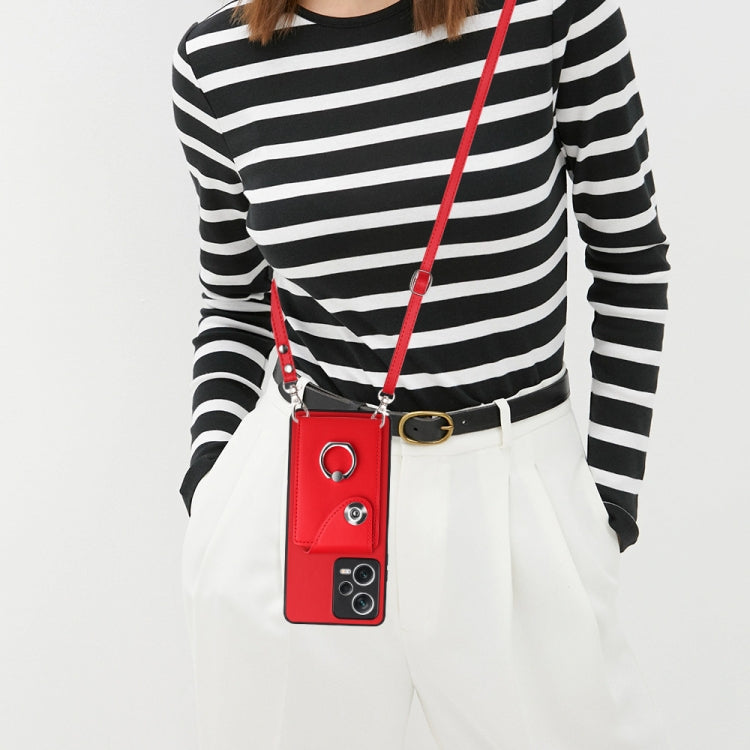 For Xiaomi Redmi Note 12 5G Global Organ Card Bag Ring Holder Phone Case with Long Lanyard(Red)