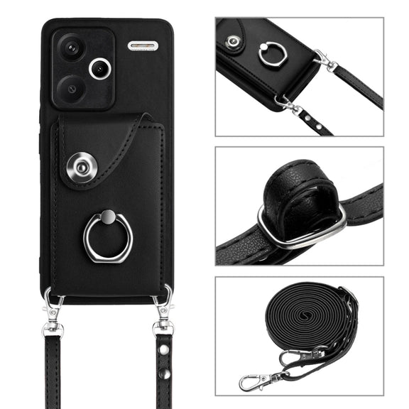 For Xiaomi Redmi Note 13 Pro+ Organ Card Bag Ring Holder Phone Case with Long Lanyard(Black)