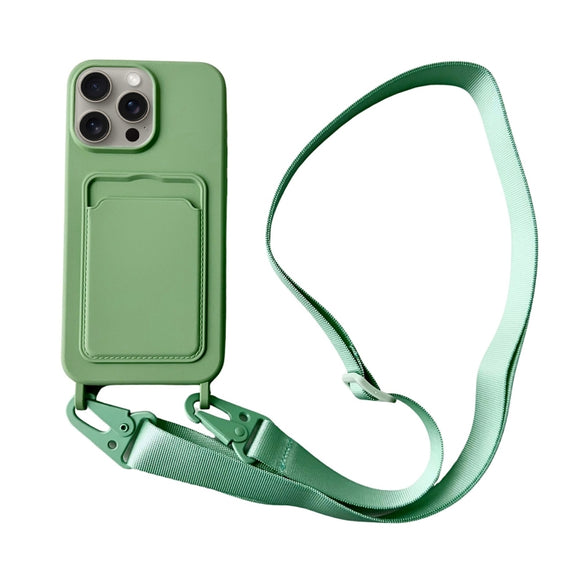 For iPhone 16 Pro Card Slot Liquid Silicone Phone Case with Lanyard(Matcha Green)