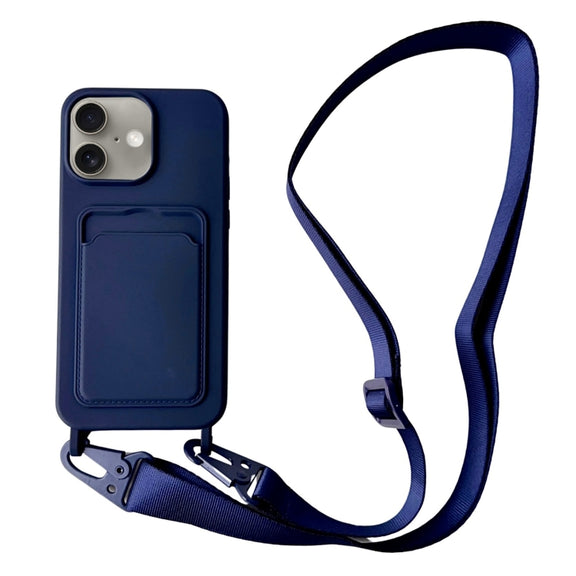 For iPhone 16 Plus Card Slot Liquid Silicone Phone Case with Lanyard(Dark Blue)