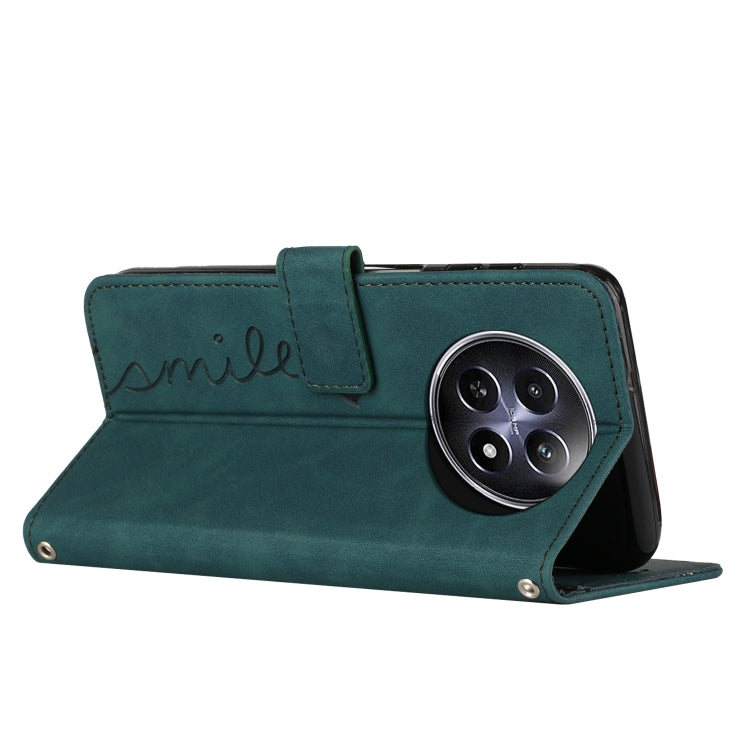 For Realme 12 5G Skin Feel Heart Embossed Leather Phone Case with Long Lanyard(Green)