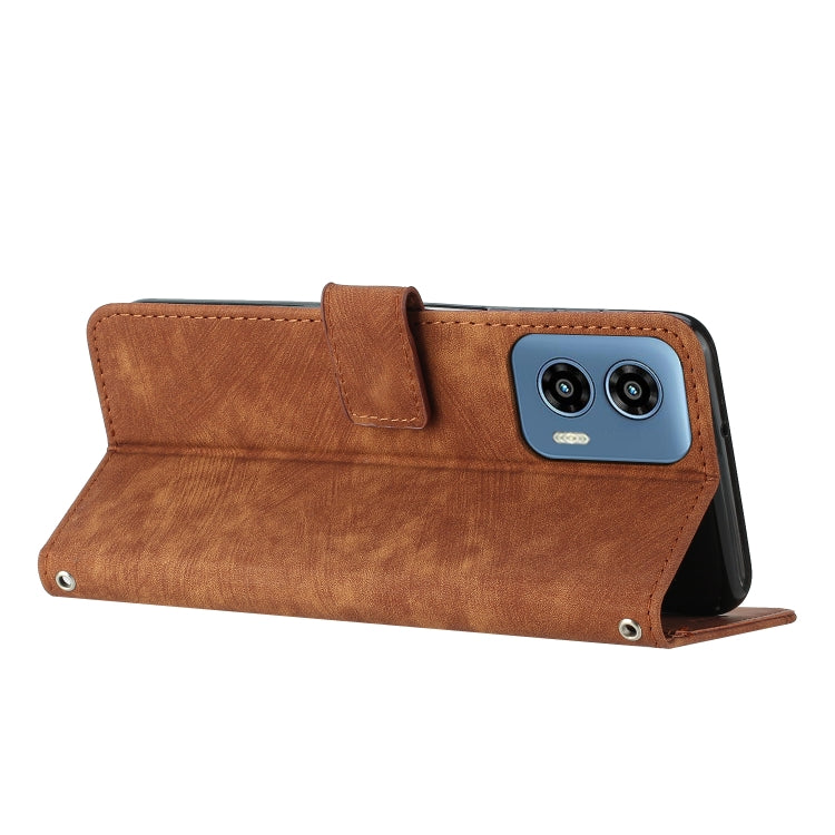 For Motorola Moto G Play 5G 2024 / G 5G 2024 Skin Feel Stripe Pattern Leather Phone Case with Long Lanyard(Brown)