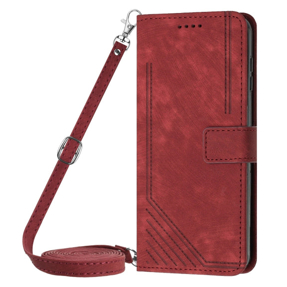For Motorola Moto G Play 5G 2024 / G 5G 2024 Skin Feel Stripe Pattern Leather Phone Case with Long Lanyard(Red)