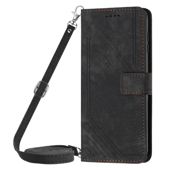 For Motorola Moto G Play 5G 2024 / G 5G 2024 Skin Feel Stripe Pattern Leather Phone Case with Long Lanyard(Black)