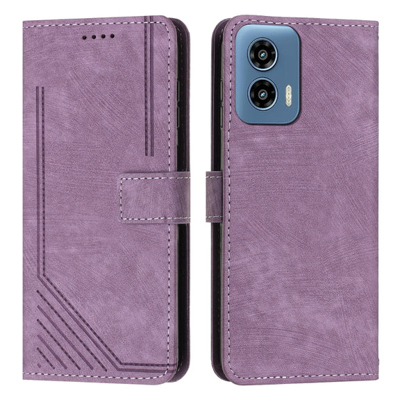 For Motorola Moto G Play 5G 2024 / G 5G 2024 Skin Feel Stripe Pattern Leather Phone Case with Long Lanyard(Purple)