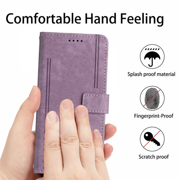 For Motorola Moto G Play 5G 2024 / G 5G 2024 Skin Feel Stripe Pattern Leather Phone Case with Long Lanyard(Purple)