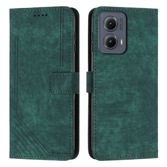 For Motorola Edge 2024 Skin Feel Stripe Pattern Leather Phone Case with Long Lanyard(Green)