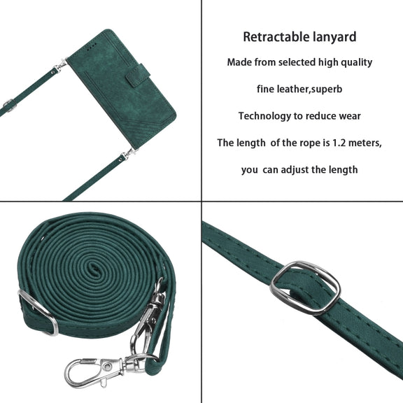 For Motorola Edge 2024 Skin Feel Stripe Pattern Leather Phone Case with Long Lanyard(Green)