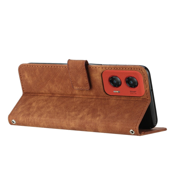 For Motorola Moto G Stylus 5G 2024 Skin Feel Stripe Pattern Leather Phone Case with Long Lanyard(Brown)