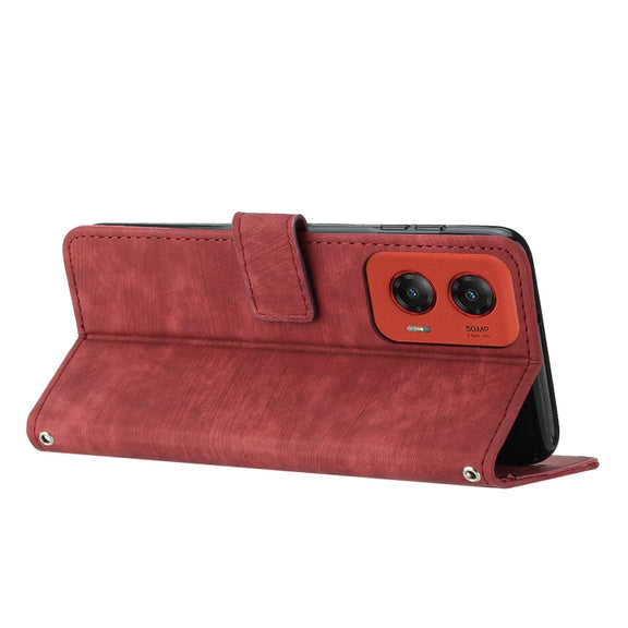 For Motorola Moto G Stylus 5G 2024 Skin Feel Stripe Pattern Leather Phone Case with Lanyard(Red)