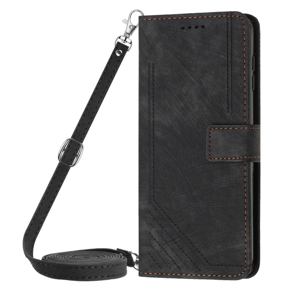 For Motorola Moto G Stylus 5G 2024 Skin Feel Stripe Pattern Leather Phone Case with Long Lanyard(Black)