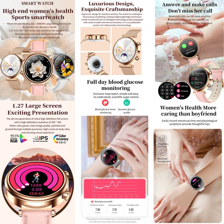 T86 Woman Health 1.27 inch Smart Watch, BT Call / Physiological Cycle / Heart Rate / Blood Pressure / Blood Glucose / SOS(Rose Gold Steel Band) - free shipping - PMC TechLife - Order now!