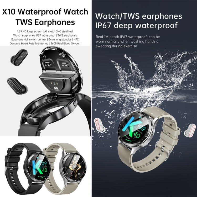 X10 Headphones Smart Watch 1.39 inch Water-resistant Bracelet, Support Bluetooth Call / NFC / Heart Rate(Silver + Brown Leather)