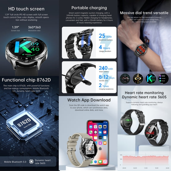 X10 Headphones Smart Watch 1.39 inch Water-resistant Bracelet, Support Bluetooth Call / NFC / Heart Rate(Silver + Brown Leather)