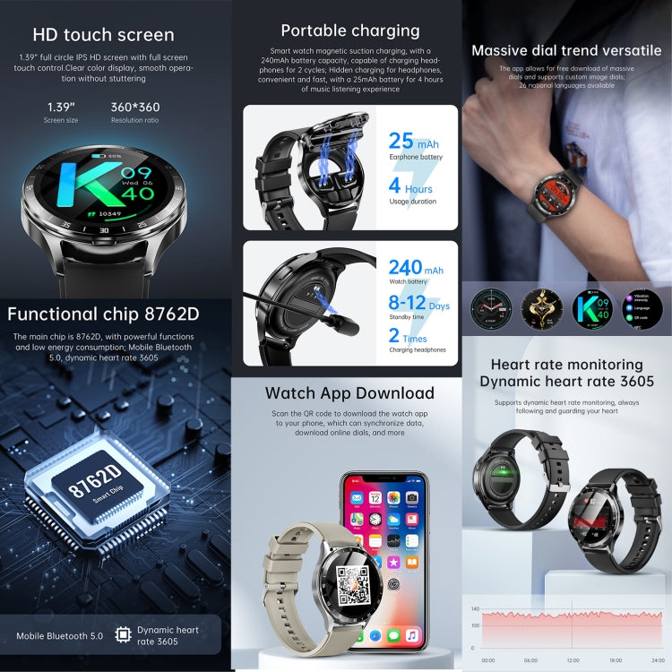 X10 Headphones Smart Watch 1.39 inch Water-resistant Bracelet, Support Bluetooth Call / NFC / Heart Rate(Silver + Brown Leather)