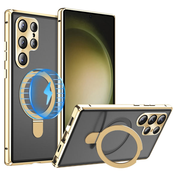 For Samsung Galaxy S23 Ultra 5G MagSafe Magnetic HD Frosted Tempered Glass Holder Phone Case(Gold)