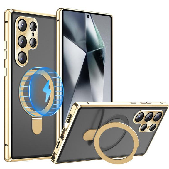 For Samsung Galaxy S25 Ultra 5G MagSafe Magnetic HD Frosted Tempered Glass Holder Phone Case(Gold)