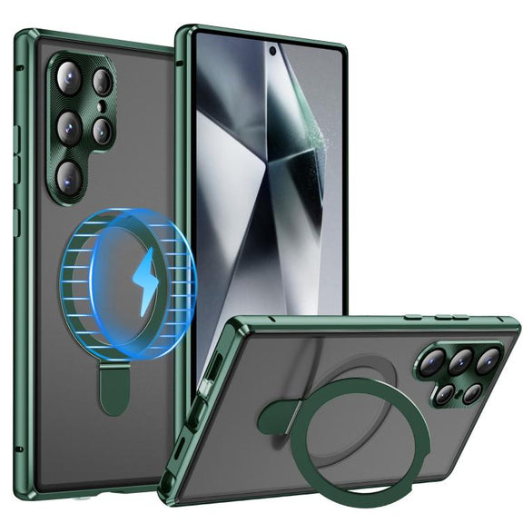 For Samsung Galaxy S25 Ultra 5G MagSafe Magnetic HD Frosted Tempered Glass Holder Phone Case(Green)