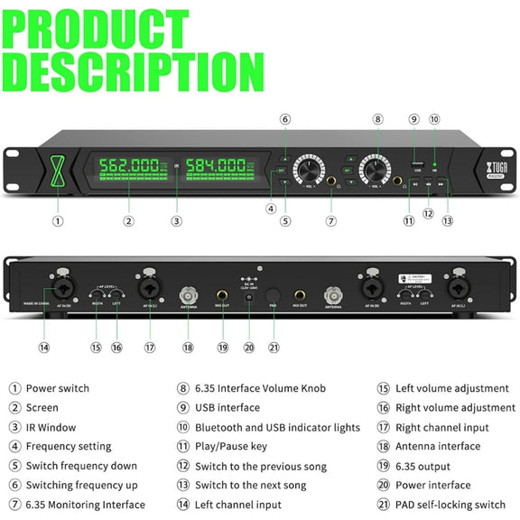 XTUGA RW2090 Professional Stage Wireless 2 Channel In Ear Monitoring System 2 in 1(EU Plug)