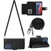 For Motorola Moto G Play 4G 2024 Rhombic Texture Flip Leather Phone Case with Long Lanyard(Black)