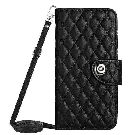 For Motorola Moto G Play 4G 2024 Rhombic Texture Flip Leather Phone Case with Long Lanyard(Black)