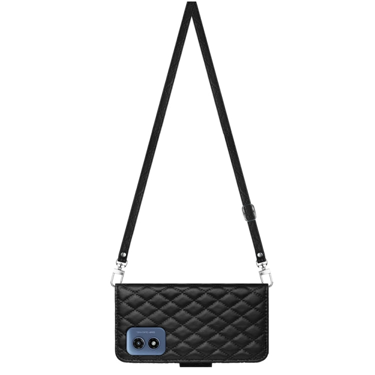 For Motorola Moto G Play 4G 2024 Rhombic Texture Flip Leather Phone Case with Long Lanyard(Black)