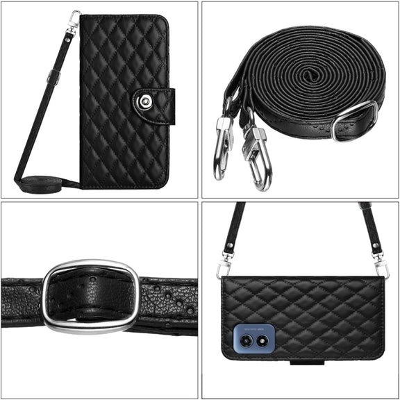 For Motorola Moto G Play 4G 2024 Rhombic Texture Flip Leather Phone Case with Long Lanyard(Black)