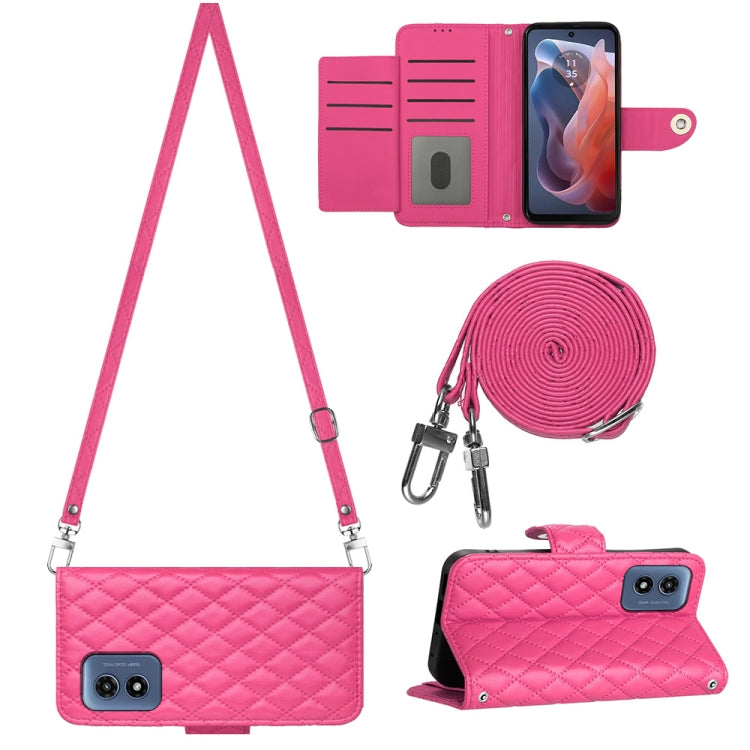 For Motorola Moto G Play 4G 2024 Rhombic Texture Flip Leather Phone Case with Long Lanyard(Rose Red) - Motorola Cases by PMC Jewellery | Online Shopping South Africa | PMC Jewellery | Buy Now Pay Later Mobicred