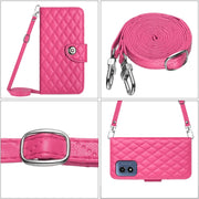 For Motorola Moto G Play 4G 2024 Rhombic Texture Flip Leather Phone Case with Long Lanyard(Rose Red)